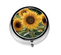 Blooming Sunflowers Printed Round Pill Organizer with 3 Compartments, Portable Mini Pill Box Pill Case for Medicine, Vitamin, Fish Oil, Supplements