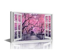 Blooming Wall Art 3D Window Effect Pictures Print On Canvas Cherry Tree Modern Artwork Japan Wall Art for Living Room Office Giclee Gallery Wrapped Posters Framed Ready to Hang, 24x16in
