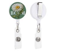 Blooming White Daisy with Green Stem Leaves Retractable Badge Holder Reel Clip ID Card Holder for Doctor Nurse Student Office Worker