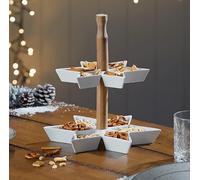Bloomingtons Direct 2 Tier Snack Serving Bowl Set for Christmas Party, Star Shape Tapas Bowls, Appetiser Dish Set, Lazy Susan Dip Bowl Set, Wooden Stand