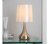 Bloomingtons Direct Chrome Teardrop Touch Bed Side Table Lamps with Warm Light with Silver Fabric Shade for Bedroom Touch Light