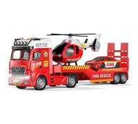 Bloomingtons Direct Fire Engine Emergency Toy Trailer Friction Powered Toys with Lights and Sounds Including Fire Engine Car and Helicopter Toys Set Vehicles Semi Carrier Truck Toy Car for 3+ Kids