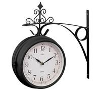 Bloomingtons Direct Garden Station Clock with Bracket Double Sided with Waterproof Cover, Vintage Antique-Look Wall-mounted for Indoor & Garden, Hanging Décor, Premium Metal Materials, Black
