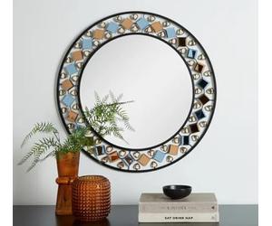 Bloomingtons Direct Gem Round Wall Mirror, Crystal Cuts Jewelled Beaded Boarder, 68cm Diameter Decorative Wall Mounted Round Mirror for Hallway, Living Room Mirror