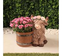 Bloomingtons Direct Highland Cow Garden Planter Indoor Outdoor Flower Pots with Drainage Holes, Garden Pots Planters for Your Garden Barrel Design Planter with Highland Cow Figurine