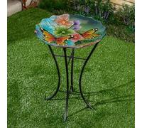 Bloomingtons Direct Metal Bird Bath for Outside Freestanding Glass Hand Painted Dish Wild Birds Baths Feeder Bowl Metal Legs Birdbath for Outdoors Patio, Garden Bird Bath Feeder