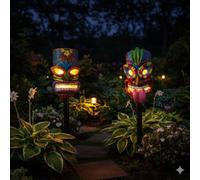 Bloomingtons Direct Pack of 2 Solar Tiki Garden Stake Light Tropical Outdoor Decor Lawn Ornament Flower Bed Lighting Patio Solar Tiki Heads Decorative Garden Statue Summer Garden Ornament