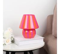 Bloomingtons Direct Raia Bedside Table Lamp with Pink & Orange Stripe Drum Lampshade, Mini Bright Glass LED Lamp for Bedroom & Living Room, Battery Operated Nightlight Lamp
