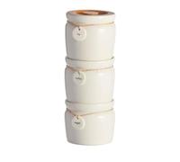 Bloomingtons Direct Set of 3 Ceramic Kitchen Canisters for Tea, Coffee, Sugar - Stackable Storage Jars With Pendent Labels and Wooden Top Lid, Sage Air Tight