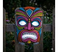 Bloomingtons Direct Solar Powered Tiki Head Wall Art Automatic Wall Mount Tiki Head Garden Decoration with Light Up Eyes Rechargeable Battery Automatic Dusk Activation Wall Sculpture