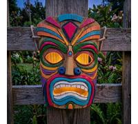 Bloomingtons Direct Solar Powered Tiki Wall Art Automatic ON/Off Illuminated Wall Mount Tiki Head Garden Decoration with Light Up Eyes Rechargeable Battery Automatic Dusk Activation Wall Sculpture
