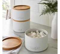 Bloomingtons Direct Stackable Kitchen Storage Canisters, 3pk Tea, Coffee, Sugar Metal Stacking Canisters Tins Set, Matte Finish Wooden Airtight Lids Storage Jars