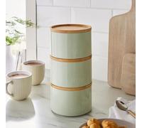Bloomingtons Direct Stackable Kitchen Storage Canisters, Sage 3pk Tea, Coffee, Sugar Metal Stacking Canisters Tins, Matte Finish Wooden Airtight Lids