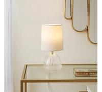Bloomingtons Direct Table Lamp Bedside Light Clear Glass Base & Faux Linen Bell Shade Bedroom Nightstand Glass Table Lamp (Ivory)