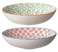 Bloomingville Emma Ceramic Pasta Bowls - Set of 2 Colorful Stoneware Serving Bowls - 19.25 fl oz - Green & Red Handmade Stamp Design - Microwave & Dishwasher Safe - Scandinavian Tableware