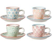 Bloomingville Emma Retro Expresso Espresso Cups with Saucer Thick-Walled C: Diameter 6 x Height 5.5 cm, S: Diameter 11.5 cm, Blue, Orange, Green, Red, Ceramic, Set of 4, Holds Approx. 80 ml