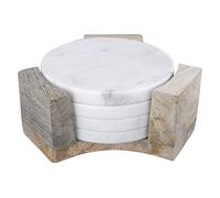 Bloomingville Round Marble Coasters with Mango Wood Holder (Set of 5 Pieces), Model Number: AH1054