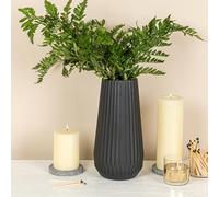 Bloomingville Round Stoneware Fluted Vase with Embossed Lines, Matte Black
