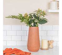 Bloomingville Round Stoneware Fluted Vase with Embossed Lines, Matte Terracotta