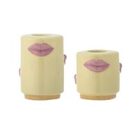 Bloomingville Sassy 82062194 Set of 2 Candle Holders for Taper Candles with Kiss Mouth in Yellow Stoneware 5 x 5 cm / 7 x 5 cm