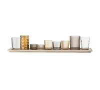 Bloomingville Set of 10 Tea Light Holders with Tray as Table Decoration for Home and Garden Lantern, Brown, Glass Paulownia Wood