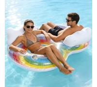 Bloomoja 2 Person Swim Ring Pool Float, Double Lounger for Relaxing, Rainbow Inflatable Float for Adults, Pool, Lake, Party