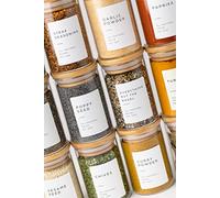 Bloomondo Empty Spice Jars with Label Pack (12x Bamboo Lid Glass Jar). Small 6oz Spice Storage Bottles with 112 Printed Spice Labels Stickers and 48 Writable Pantry Labels for Seasoning Containers