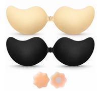 BLOOMORA Sticky Bra Push Up - Backless Bra, 2 Pair Invisible Adhesive Strapless Bras with Clip, Black & Beige Sticky Bras for Dresses & Wedding - C Cup