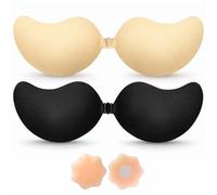 BLOOMORA Sticky Bra Push Up - Backless Bra, 2 Pair Invisible Adhesive Strapless Bras with Clip, Black & Beige Sticky Bras for Dresses & Wedding - B Cup