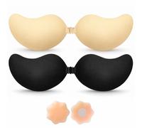 BLOOMORA Sticky Bra Push Up - Backless Bra, 2 Pair Invisible Adhesive Strapless Bras with Clip, Black & Beige Sticky Bras for Dresses & Wedding - A Cup