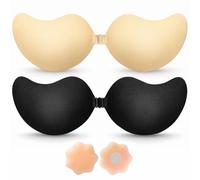 BLOOMORA Sticky Bra Push Up - Backless Bra, 2 Pair Invisible Adhesive Strapless Bras with Clip, Black & Beige Sticky Bras for Dresses & Wedding - D Cup