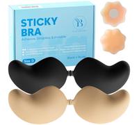 BLOOMORA Sticky Bra Push Up - Backless Bra, 2 Pair Invisible Adhesive Strapless Bras with Clip, Black & Nude Sticky Bras for Dresses & Wedding - D Cup