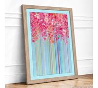 Blooms and Stripes Modern Framed Wall Art Print A4 (29.7×21cm) Oak, Wall Decor for Living Room, Bedroom, Office & Home, Ready to Hang, Art Gift