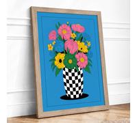 Blooms in Checkered Vase Modern Framed Wall Art Print A1 (84.1×59.4cm) Oak, Wall Decor for Living Room, Bedroom, Office & Home, Ready to Hang, Art Gift
