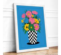 Blooms in Checkered Vase Modern Framed Wall Art Print A2 White Frame