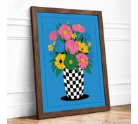 Blooms in Checkered Vase Modern Framed Wall Art Print A3 (42×29.7cm) Walnut, Wall Decor for Living Room, Bedroom, Office & Home, Ready to Hang, Art Gift