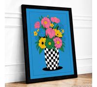 Blooms in Checkered Vase Modern Framed Wall Art Print A3 Black Frame