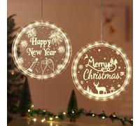 BLOOMWIN Christmas Window Hanging Lights - 2 Pack Window Lights - Merry Christmas & Happy New Year Decor - Battery Powered (Not Included), 20cm, Warm White