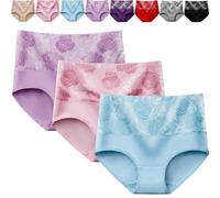 Bloomyfit - High Waist Leak Proof Panties Rose Jacquard Ladies Panty Cotton Bloomypink High Waist Tummy Control Panties (3PCS*E,XL)