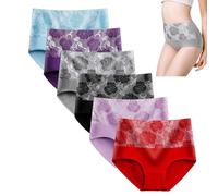 Bloomypink Panties, Women's Briefs Underwear Cotton High Waist Tummy Control Panties, Rose Jacquard Leakproof Panties (5Pcs-C,L)