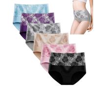 Bloomypink Panties, Women's Briefs Underwear Cotton High Waist Tummy Control Panties, Rose Jacquard Leakproof Panties (5Pcs-D,2XL)