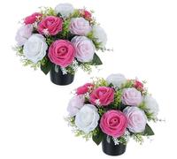 BLOSMON Artificial Flowers for Graves Pots, 2 Pcs, Pink White Roses