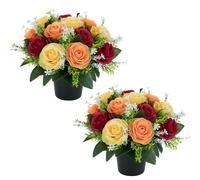 BLOSMON Artificial Flowers for Graves Pots, 2 Pcs, Red Yellow Orange Roses