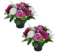 BLOSMON Artificial Grave Flowers Pots: 2 Pcs Purple Lilac Roses Silk Cemetery Ornaments in Pot for Outdoor Decorations - Fake Funeral Memorial Floral Bouquet with Holders for Graveside