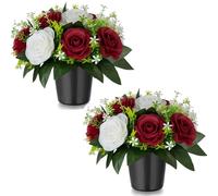 BLOSMON Artificial Grave Flowers Pots: 2 Pcs Red Silk Cemetery Flower Funeral Outdoor Christmas Decoration - Memorial Floral Graveside Ornaments Fake Bouquet with Holders Burgundy Arrangements
