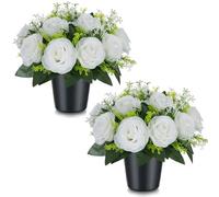 BLOSMON Artificial Grave Flowers Pots: 2 Pcs White Rose Silk Cemetery Flower Funeral Outdoor Decoration Memorial Floral Decorative Graveside Ornaments Fake Bouquet