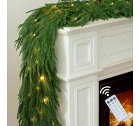 BLOSMON Christmas Garland with Lights for Decorations: 6ft Pre Lit Norfolk Pine Garland for Fireplace Stairs - Remote Timer 30 LEDs 12 Lighting Modes - Artificial Xmas Garlands Door Table Decor
