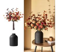 BLOSMON Fall Flowers in Vase for Centerpieces: Metal Vase with 12 Stems of Fake Mums Kiku Flowers Eucalyptuses Home Table Decor - Burnt Orange Artificial Pom Poms Floral Arrangements for Living Room