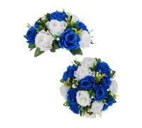 BLOSMON Flower Centerpieces for Tables Wedding 2 Pcs Royal Blue & White Fake Flowers with Base Rose Balls Arrangement Bouquet Floral Centerpiece Artificial Wedding Center Pieces of Home Party Decor