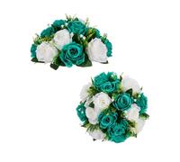 BLOSMON Flower Centerpieces for Tables Wedding 2 Pcs Teal & White Fake Flowers Rose Arrangement Bouquet Floral Centerpiece Balls Artificial Wedding Center Pieces of Valentines Day Home Decor